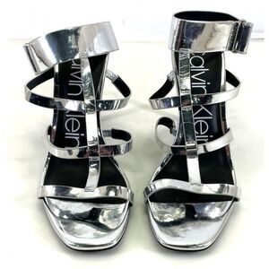 Calvin Klein Dolcita Silver Caged Stiletto Heels Size 9 Ankle Strap E5956